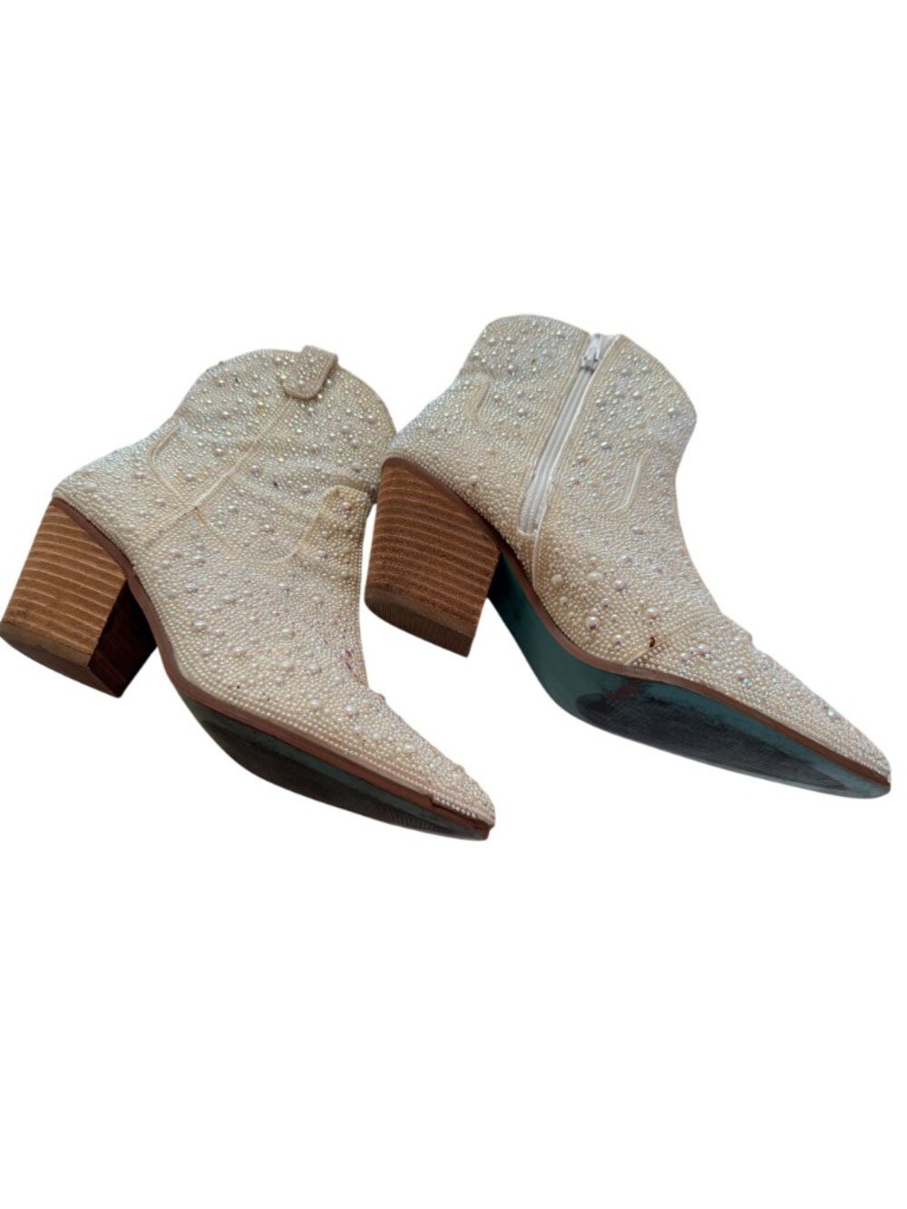 SB Diva Pearl Rhinestone Western Ankle Boots Ivory Cowboy Booties Size 8M Glam - Picture 6 of 8